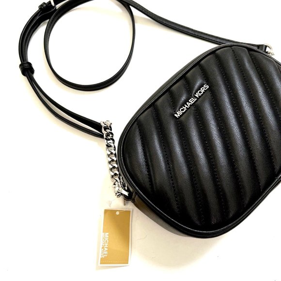 NWT $380 MICHAEL KORS Crossbody Camera Bag Oval Quilted Striped Chain Black - Picture 1 of 9